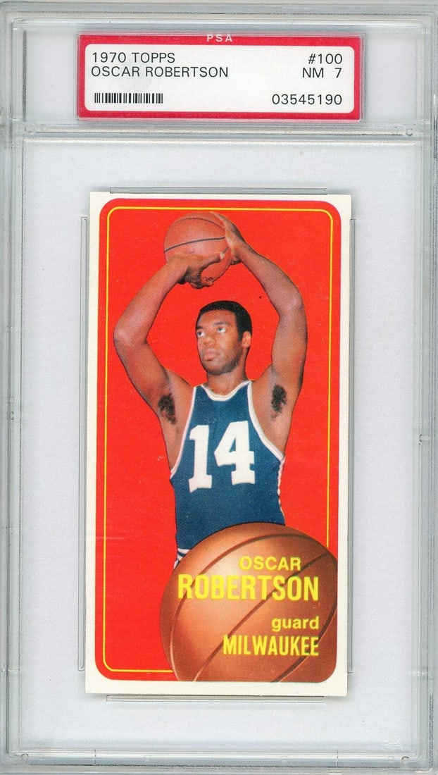 Graded 1970 Topps Oscar Robertson #100 Basketball Card PSA 7: Graded 1970 Topps Oscar Robertson #100 Basketball Card PSA 7 This is a graded 1970 Topps Oscar Robertson #100 basketball card, showcasing the legendary player during his time with the Milwaukee Bucks.