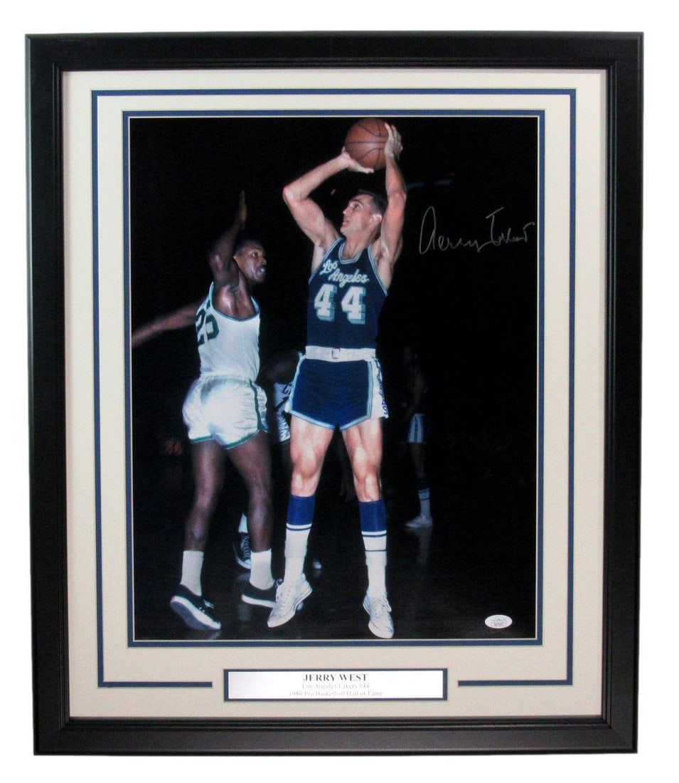 Jerry West Autographed 16x20 Lakers Photo Framed with JSA Authentication: Jerry West Autographed 16x20 Lakers Photo Framed with JSA Authentication This remarkable item features a Jerry West autographed 16x20 photo of the legendary Los Angeles Lakers player, elegantly framed