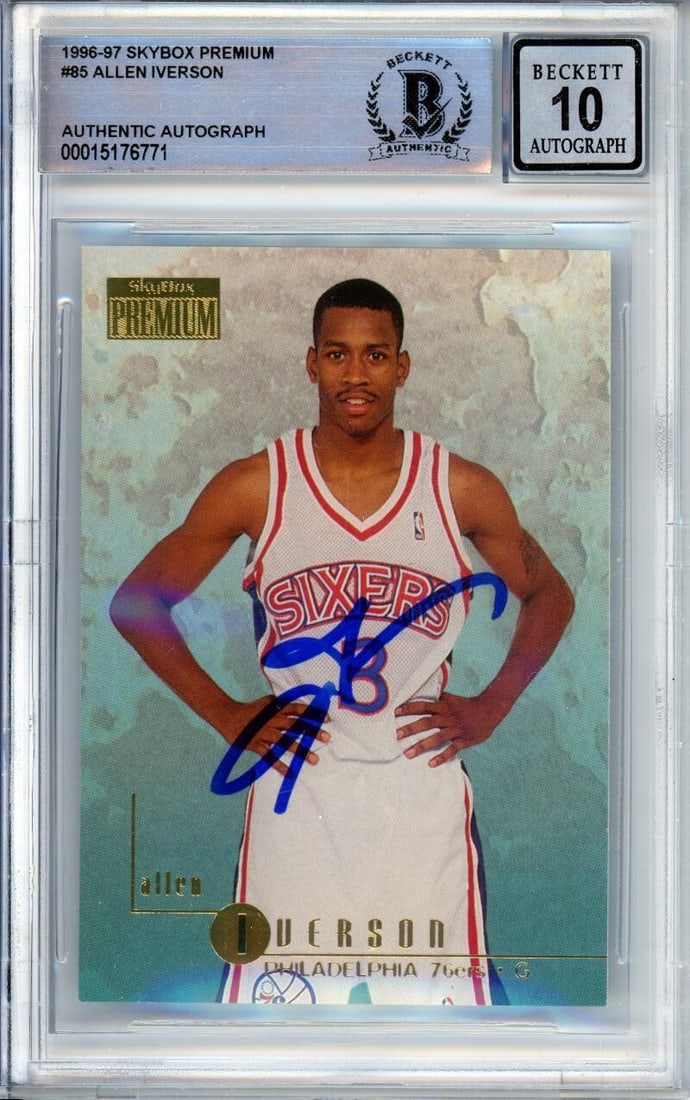 Allen Iverson 1996-97 Skybox Premium RC Autograph BGS 10 76ers Card #85: Allen Iverson 1996-97 Skybox Premium RC Autograph BGS 10 76ers Card #85 This is a 1996-97 Skybox Premium #85 Allen Iverson rookie card featuring a hand-signed autograph. The card is authenticated by B