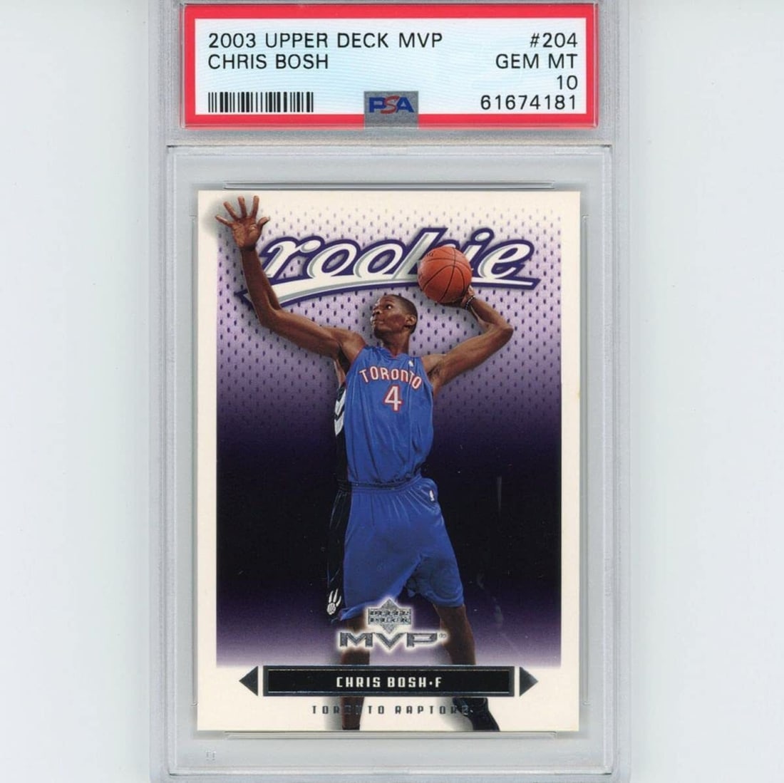 PSA 10 Chris Bosh Rookie Card 2003 Upper Deck MVP #204 Toronto Raptors: PSA 10 Chris Bosh Rookie Card 2003 Upper Deck MVP #204 Toronto Raptors This is a 2003-04 Upper Deck UD MVP Chris Bosh #204 rookie basketball card, graded PSA 10 by Professional Sports Authenticator (P
