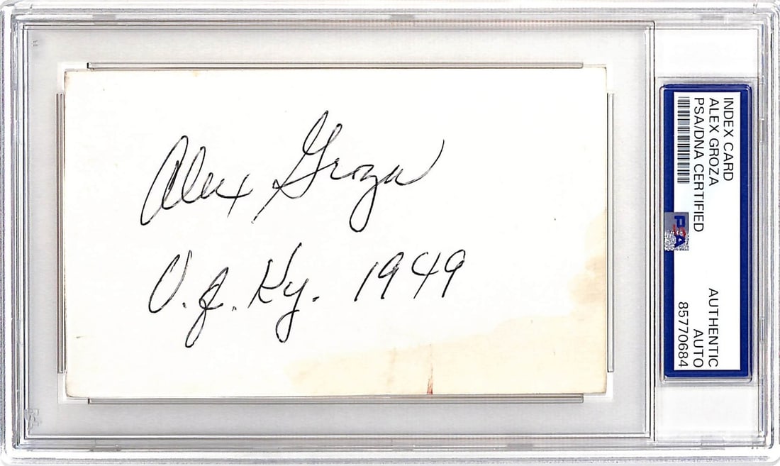 Alex Groza Autographed Index Card PSA Authenticated Kentucky Wildcats: Alex Groza Autographed Index Card PSA Authenticated Kentucky Wildcats This is a 3x5 index card signed by Alex Groza, a notable figure in basketball and member of the Hall of Fame. The autograph has be