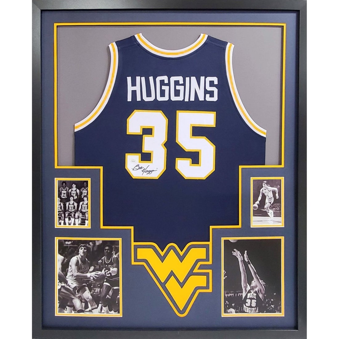 Framed West Virginia Basketball Jersey Signed by Bob Huggins JSA Authenticated: Framed West Virginia Basketball Jersey Signed by Bob Huggins JSA Authenticated This is a framed West Virginia basketball jersey autographed by Bob Huggins. The jersey has been authenticated by JSA and