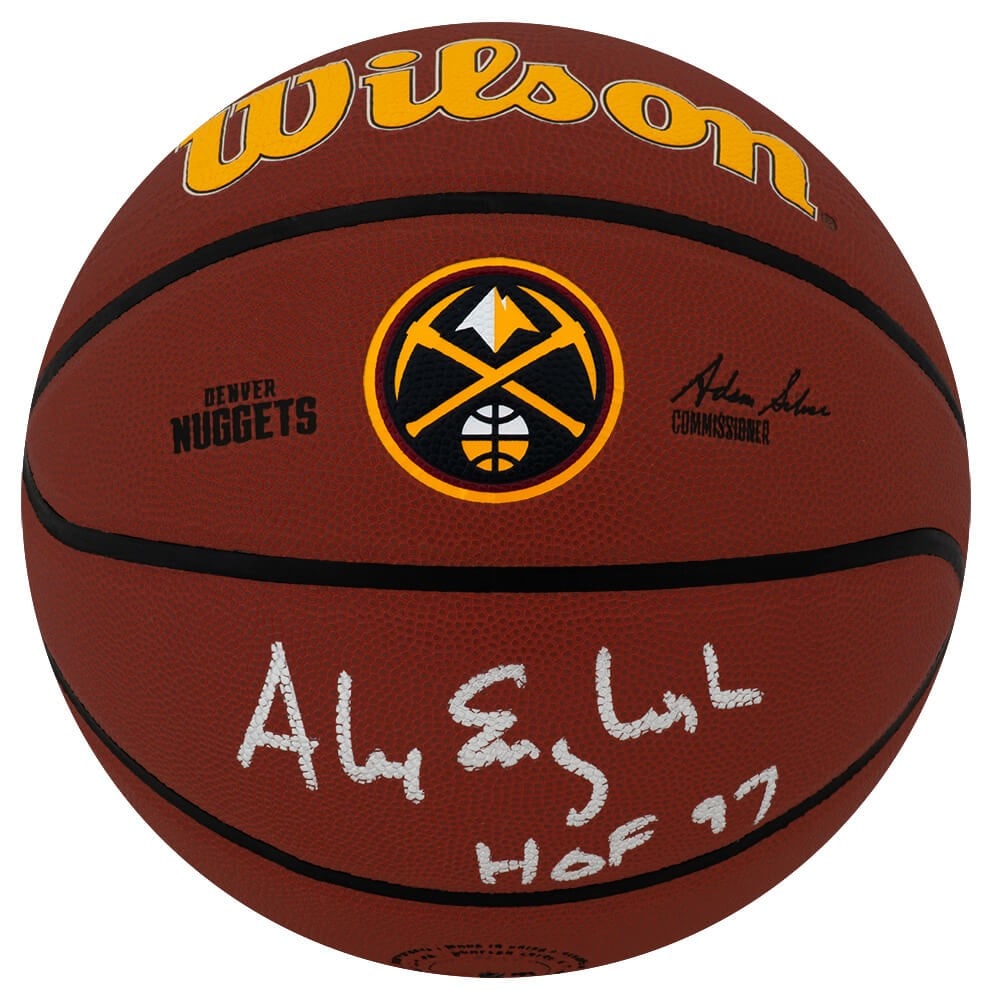 Alex English Signed Denver Nuggets Logo Basketball with HOF 97 Inscription: Alex English Signed Denver Nuggets Logo Basketball with HOF 97 Inscription This is an original Alex English signed Denver Nuggets logo Wilson NBA basketball, featuring the inscription 'HOF 97'. The ba