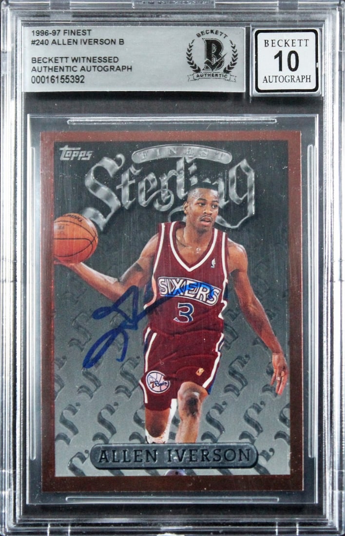 Allen Iverson Signed 1996 Finest Rookie Card Gem Mint 10 Beckett Slabbed: Allen Iverson Signed 1996 Finest Rookie Card Gem Mint 10 Beckett Slabbed This is a signed 1996 Finest #240 Rookie Card of Allen Iverson, graded Gem Mint 10 by Beckett Authentication Services. The card