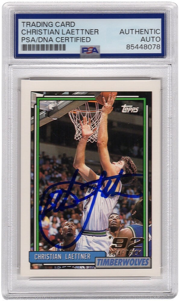 Christian Laettner Signed 1992-93 Topps Rookie Card #334 PSA Authenticated: Christian Laettner Signed 1992-93 Topps Rookie Card #334 PSA Authenticated This is a Christian Laettner signed Minnesota Timberwolves 1992-93 Topps rookie basketball card #334. The card features Laett
