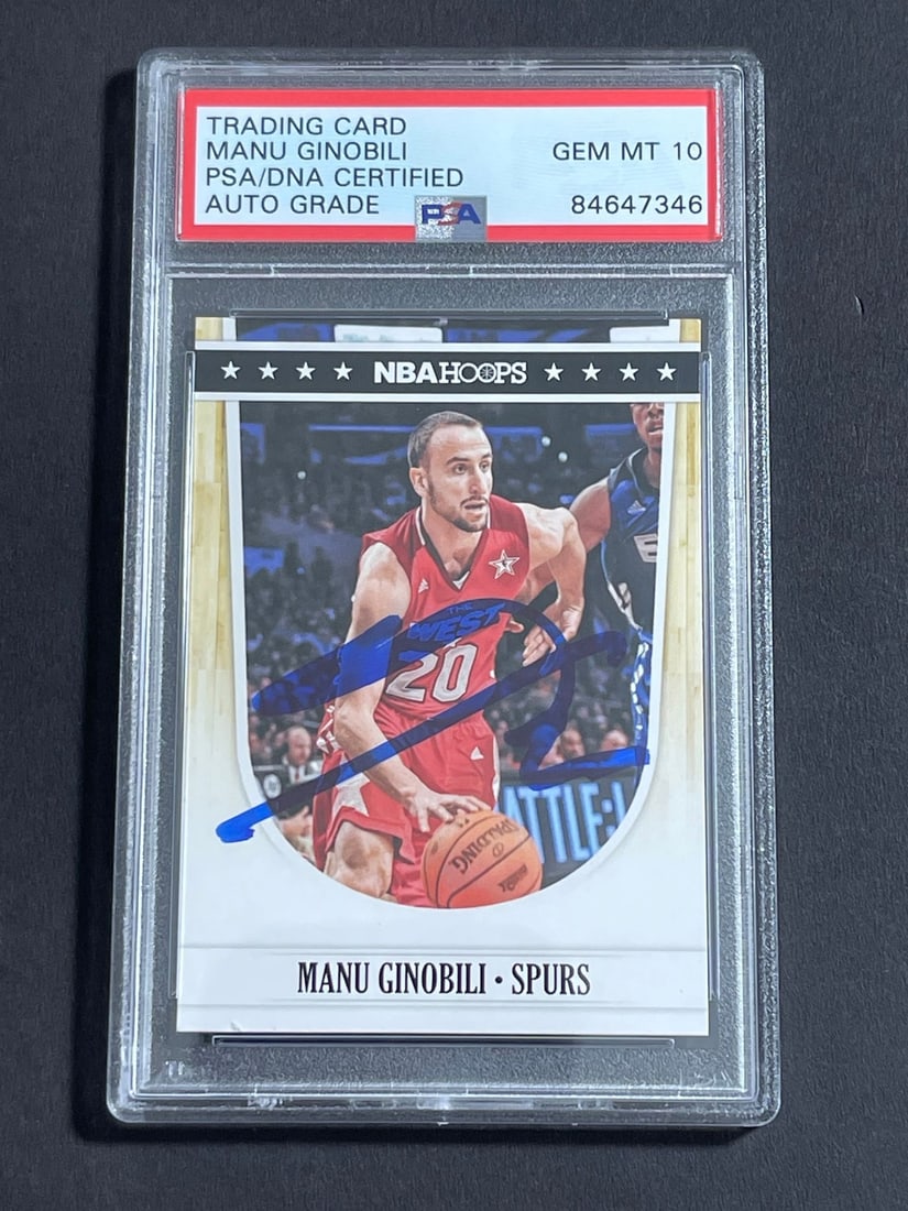 2012-13 NBA Hoops #267 Manu Ginobili Signed Card PSA 10 Slabbed: 2012-13 NBA Hoops #267 Manu Ginobili Signed Card PSA 10 Slabbed This is a 2012-13 NBA Hoops #267 sports trading card featuring the signature of Manu Ginobili, a prominent player for the San Antonio Sp