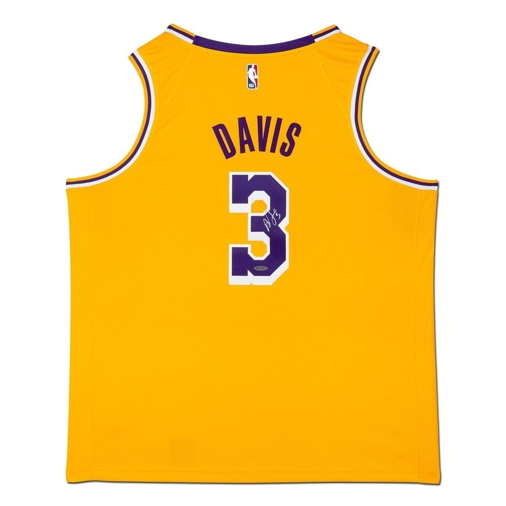 Anthony Davis autographed Lakers gold Nike Swingman jersey Upper Deck: Anthony Davis autographed Lakers gold Nike Swingman jersey Upper Deck This is an original Nike Swingman Los Angeles Lakers home jersey in gold, autographed by Anthony Davis. The jersey features authen