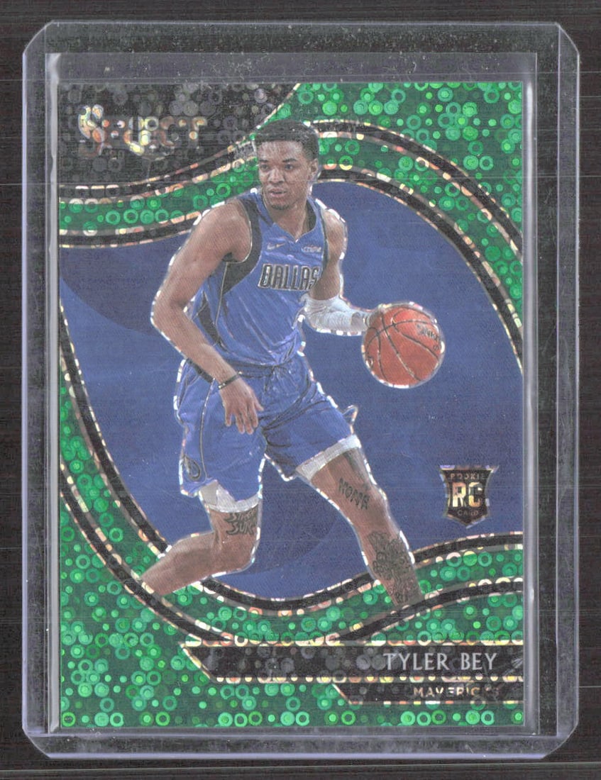 Tyler Bey 2020-21 Panini Select Green Disco Prizms RC #265 3/5 Mavericks: Tyler Bey 2020-21 Panini Select Green Disco Prizms RC #265 3/5 Mavericks This is a Tyler Bey 2020-21 Panini Select Green Disco Prizms Basketball Card, featuring the player from the Dallas Mavericks in
