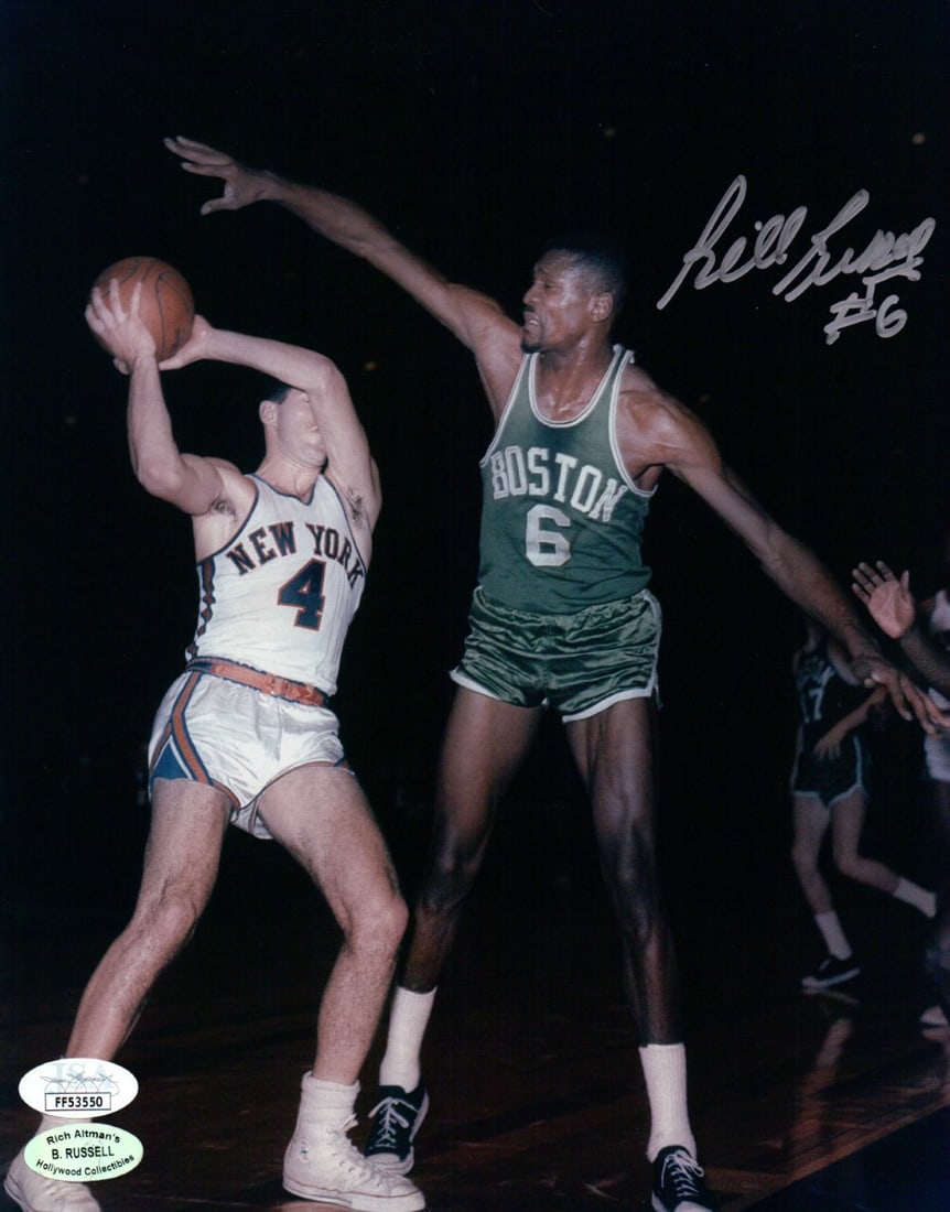 Bill Russell Autographed 8X10 Photo Celtics JSA Authenticated: Bill Russell Autographed 8X10 Photo Celtics JSA Authenticated This is an original 8x10 photo of Bill Russell, a legendary player for the Boston Celtics, captured in action while defending against the 