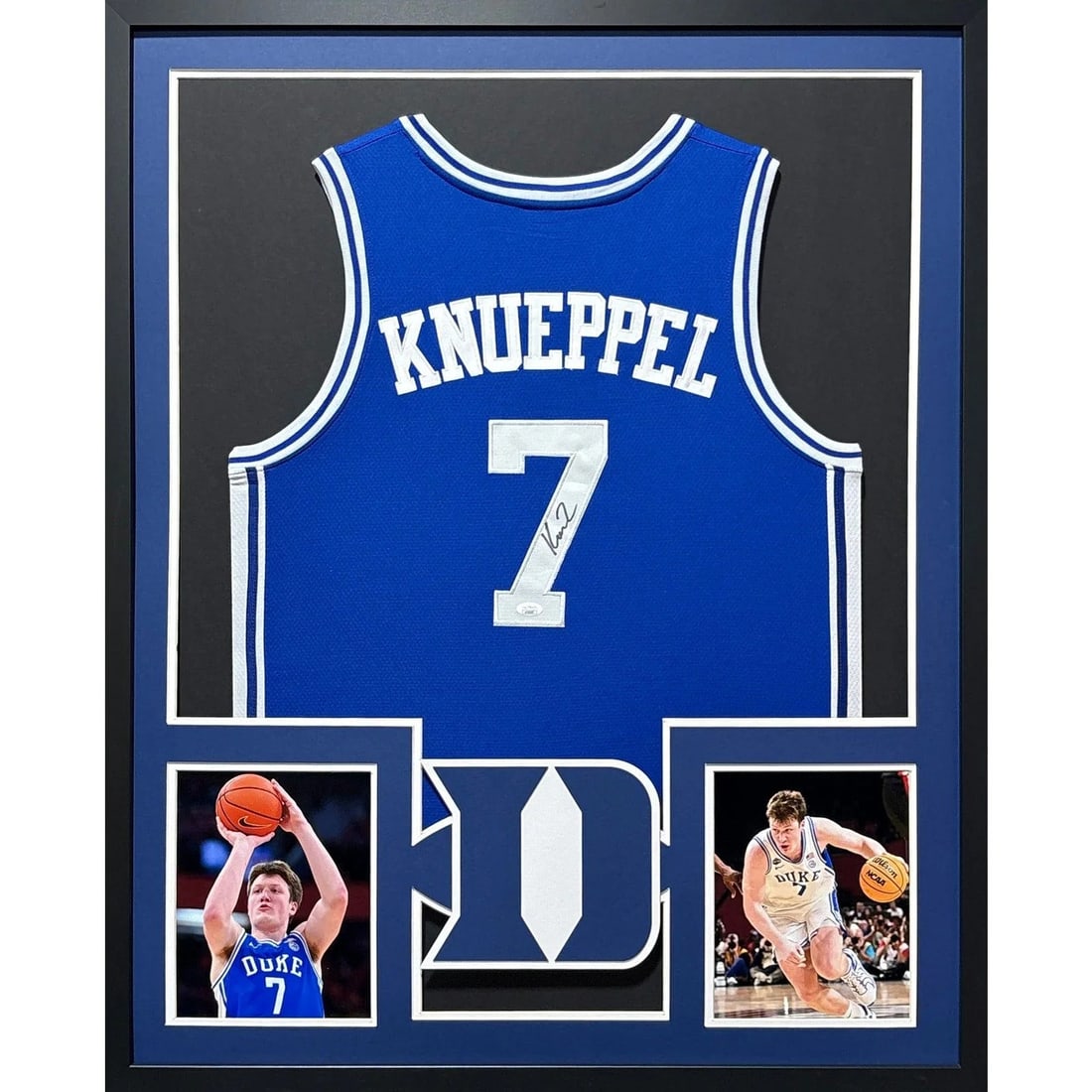 Framed Duke Blue Devils jersey signed by Kon Knueppel JSA authenticated: Framed Duke Blue Devils jersey signed by Kon Knueppel JSA authenticated This framed Duke Blue Devils jersey is autographed by Kon Knueppel. The jersey is professionally framed with attention to detail