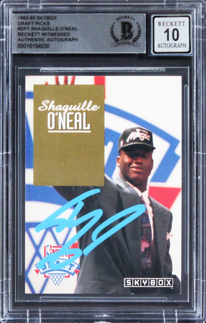 Shaquille O'Neal Signed 1992 Skybox DP1 Rookie Card Gem Mint 10 Beckett Authenticated: Shaquille O'Neal Signed 1992 Skybox DP1 Rookie Card Gem Mint 10 Beckett Authenticated This is a 1992 Skybox Draft Picks #DP1 Rookie Card featuring the legendary Shaquille O'Neal, personally signed by 