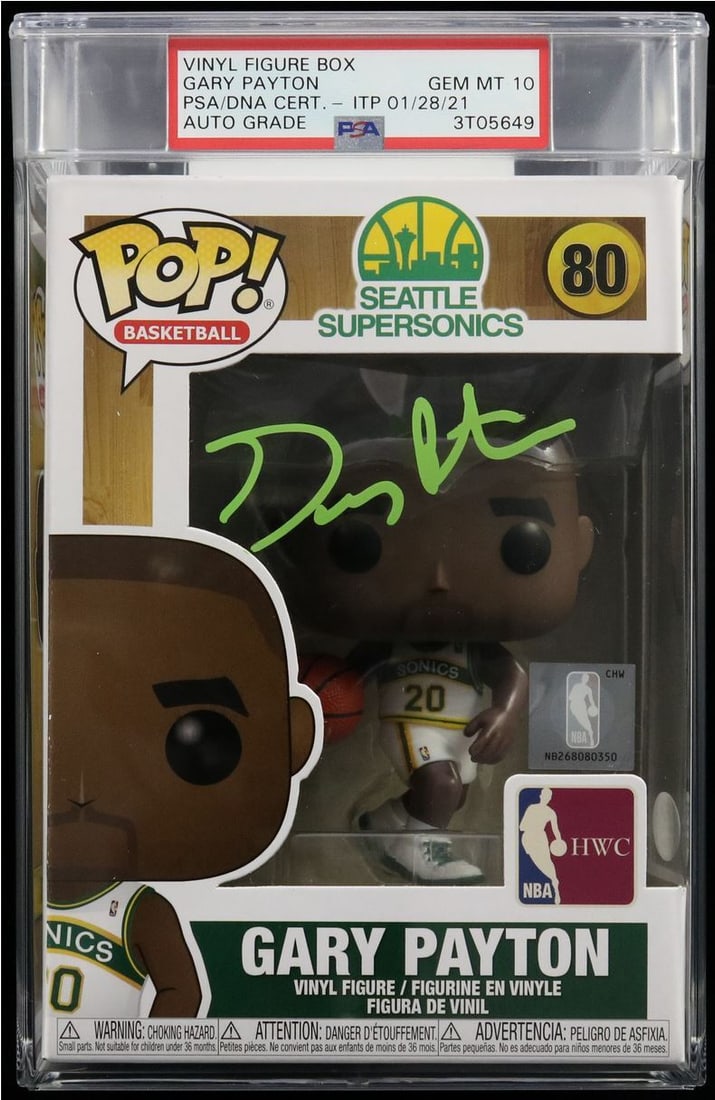 Gary Payton Signed Funko Pop #80 PSA/DNA Gem Mint 10: Gary Payton Signed Funko Pop #80 PSA/DNA Gem Mint 10 This is a Funko Pop collectible figure signed by NBA legend Gary Payton, recognized for his remarkable career with the Seattle Supersonics. The sig