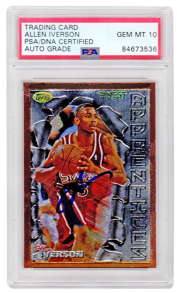 Allen Iverson 1996 Topps Finest Rookie Card #60 PSA Auto 10: Allen Iverson 1996 Topps Finest Rookie Card #60 PSA Auto 10 This is an autographed Allen Iverson 1996 Topps Finest rookie basketball card, #60, featuring the legendary player from the Philadelphia 76e