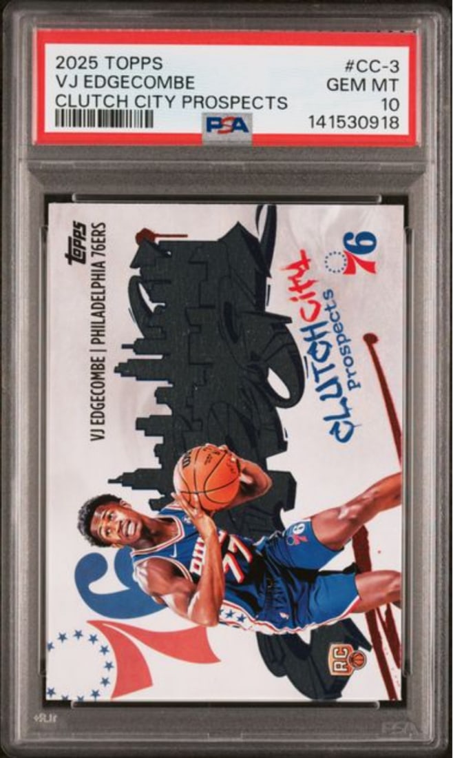 PSA 10 VJ Edgecombe Clutch City Prospects Rookie Card 2025 #CC3: PSA 10 VJ Edgecombe Clutch City Prospects Rookie Card 2025 #CC3 This is an original 2025 Topps VJ Edgecombe #CC3 Clutch City Prospects Rookie RC card, featuring VJ Edgecombe of the Philadelphia 76ers.