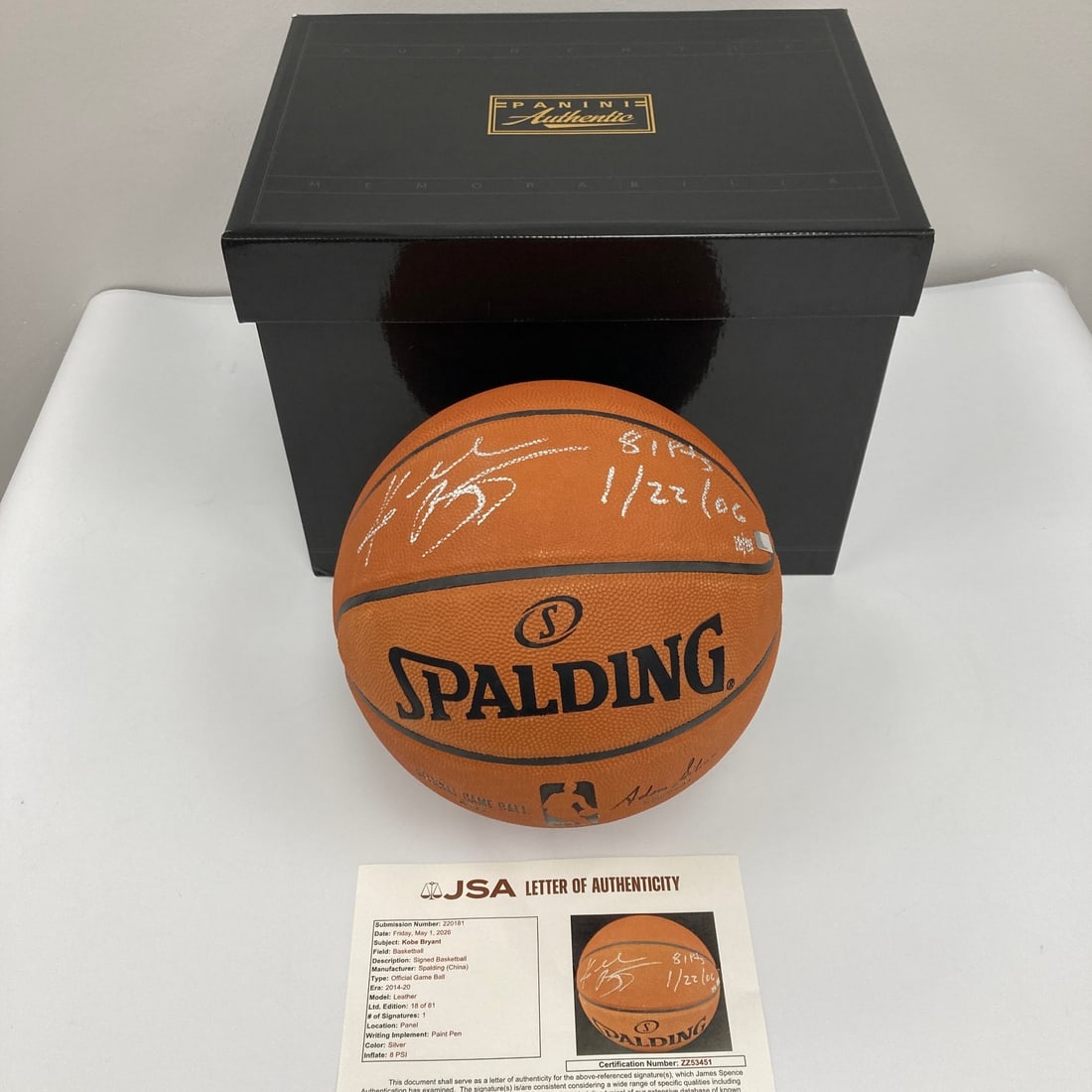 Autographed Kobe Bryant basketball Panini JSA 81-point inscribed limited edition: Autographed Kobe Bryant basketball Panini JSA 81-point inscribed limited edition This is an original NBA game basketball signed and inscribed by Kobe Bryant, commemorating his historic 81-point perfor