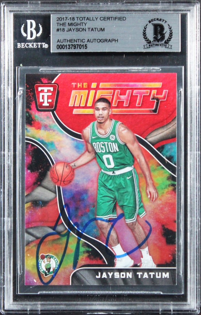 Jayson Tatum 2017 Totally Certified #18 Rookie Card Beckett Slabbed: Jayson Tatum 2017 Totally Certified #18 Rookie Card Beckett Slabbed This 2017 Totally Certified The Mighty #18 rookie card features the autograph of Jayson Tatum from the Boston Celtics. The card is s