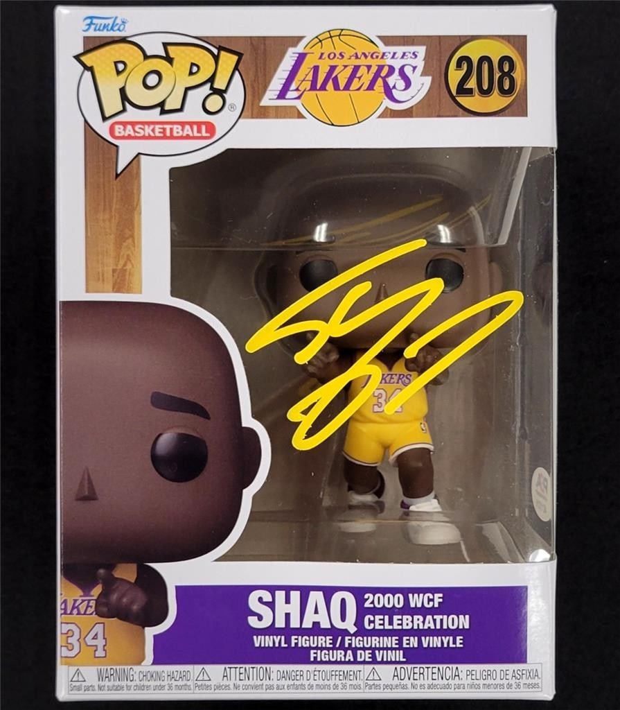 Shaquille O'Neal Signed Lakers Funko Pop 209 PSA Authenticated: Shaquille O'Neal Signed Lakers Funko Pop 209 PSA Authenticated This collectible Funko Pop! figure features the iconic Shaquille O'Neal in a celebration pose from the 2002 Western Conference Finals. Si