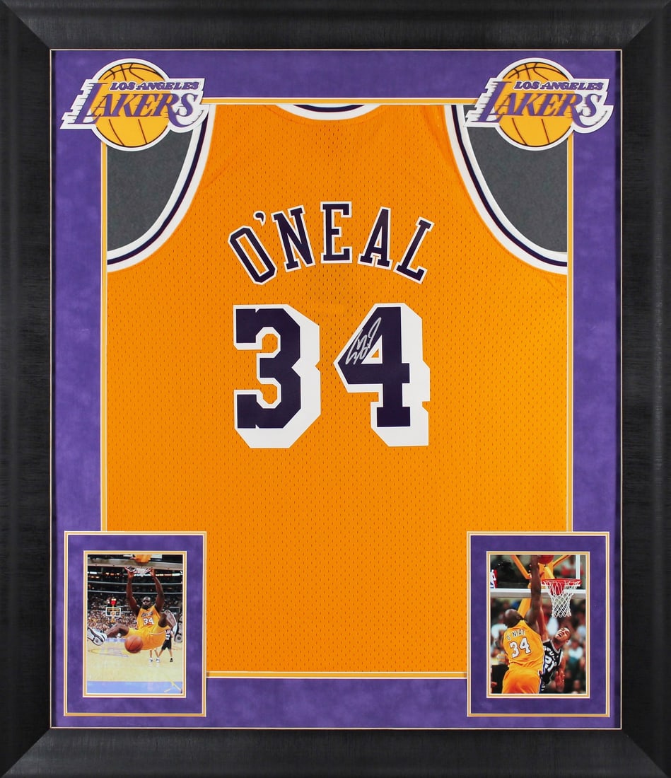 Shaquille O'Neal Signed Lakers Yellow Mitchell & Ness Framed Jersey BAS: Shaquille O'Neal Signed Lakers Yellow Mitchell & Ness Framed Jersey BAS This autographed yellow Mitchell & Ness 1996-97 Throwback Hardwood Classics Swingman framed jersey is a must-have for any Los An