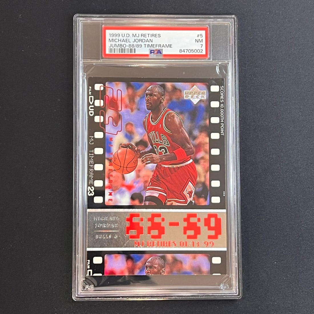 1999 Upper Deck MJ Retires Jumbo Card #12 PSA NM 7 Michael Jordan: 1999 Upper Deck MJ Retires Jumbo Card #12 PSA NM 7 Michael Jordan Celebrate the legacy of Michael Jordan with this 1999 Upper Deck MJ Retires Jumbo-88/89 Timeframe #5 card, graded PSA NM 7. This card 