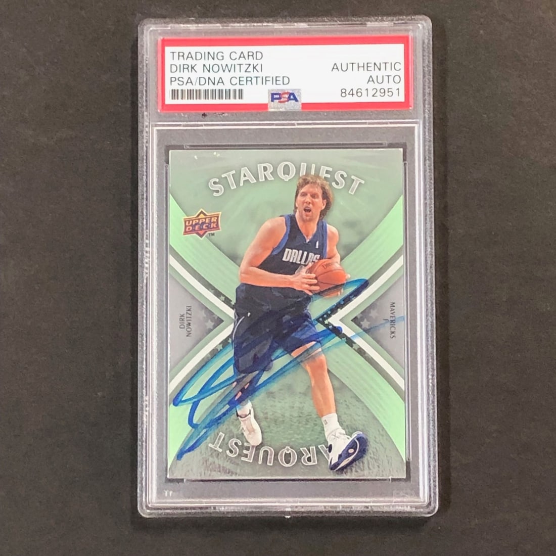 2008-09 Upper Deck Starquest Dirk Nowitzki Signed Card PSA/DNA: 2008-09 Upper Deck Starquest Dirk Nowitzki Signed Card PSA/DNA This is a 2008-09 Upper Deck Starquest #SQ-24 card featuring the signature of NBA superstar Dirk Nowitzki, known for his legendary career