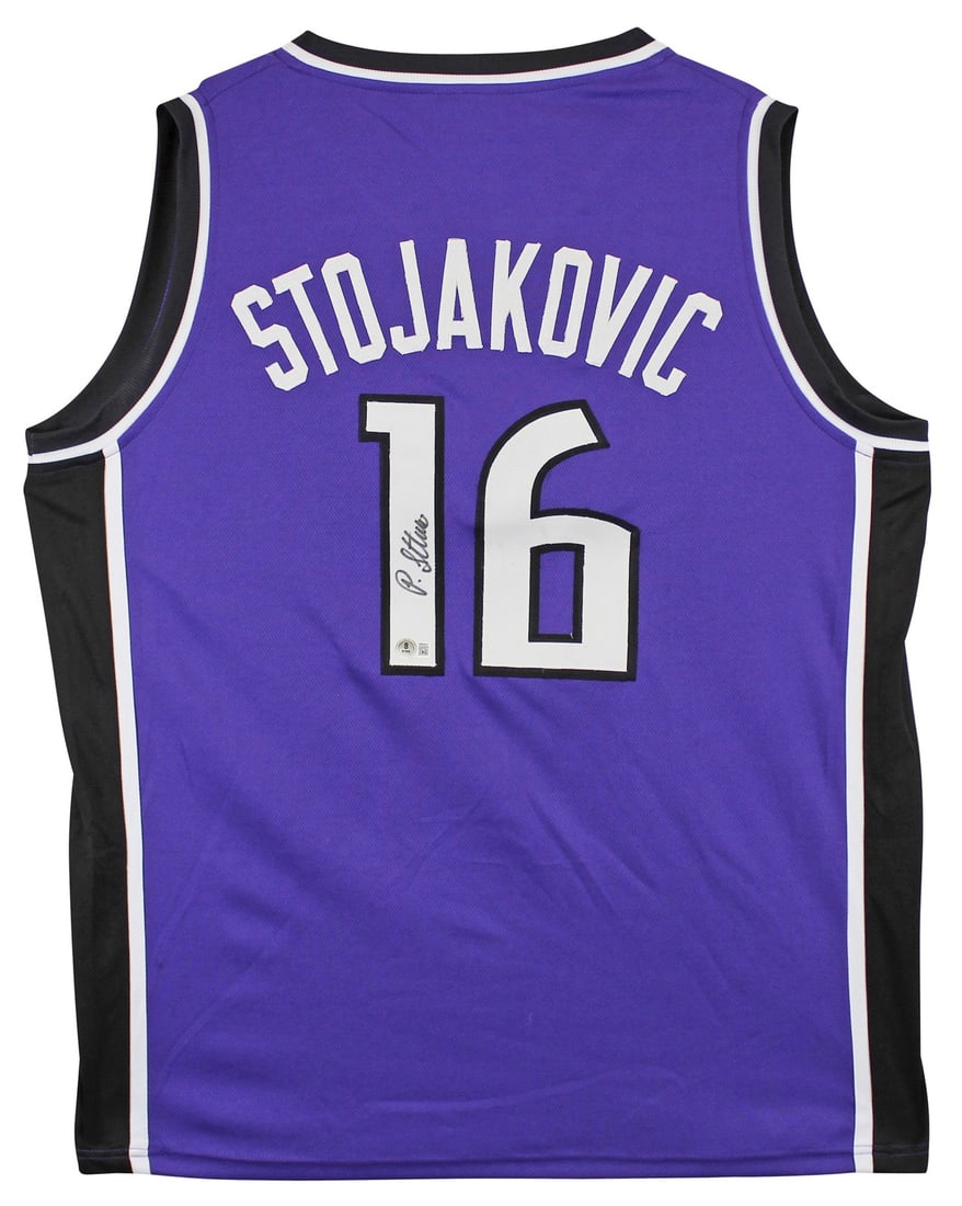Peja Stojakovic Signed Purple Pro Jersey BAS Witnessed Sacramento Kings: Peja Stojakovic Signed Purple Pro Jersey BAS Witnessed Sacramento Kings This authentic autographed Purple Pro Style Jersey features the signature of Peja Stojakovic, a celebrated player of the Sacrame