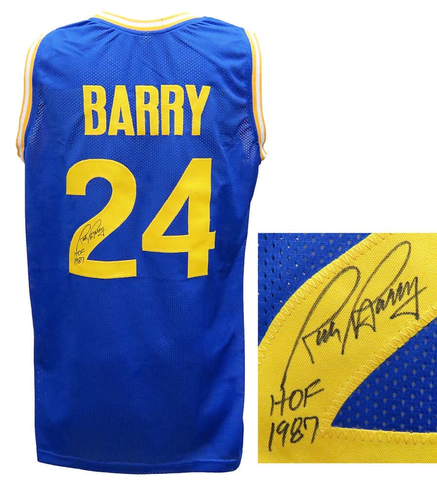 Blue Warriors Custom Jersey Autographed by Rick Barry with HOF 87 Inscription: Blue Warriors Custom Jersey Autographed by Rick Barry with HOF 87 Inscription This is a Rick Barry signed blue custom basketball jersey, featuring a 'HOF 87' inscription. The jersey is size XL and is 