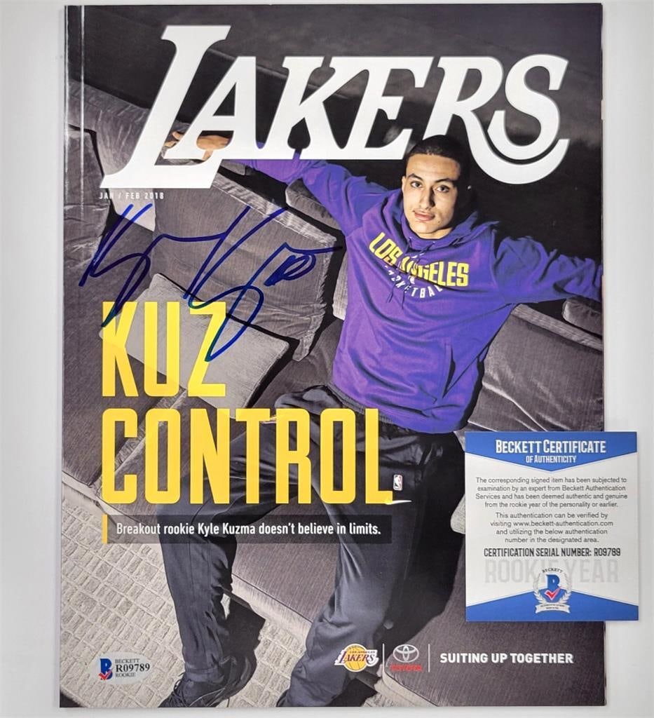 Kyle Kuzma Signed 2018 Lakers Magazine with Beckett Authentication: Kyle Kuzma Signed 2018 Lakers Magazine with Beckett Authentication This is an original magazine featuring Kyle Kuzma, a standout player for the Los Angeles Lakers, from his rookie year in 2018. The ma