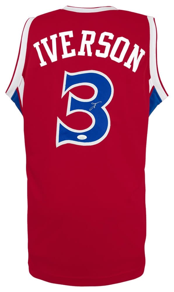 Allen Iverson Signed Philadelphia 76ers Red Jersey with JSA COA: Allen Iverson Signed Philadelphia 76ers Red Jersey with JSA COA Celebrate the legacy of Allen Iverson with this original signed red basketball jersey featuring blue numbers. This custom jersey represe