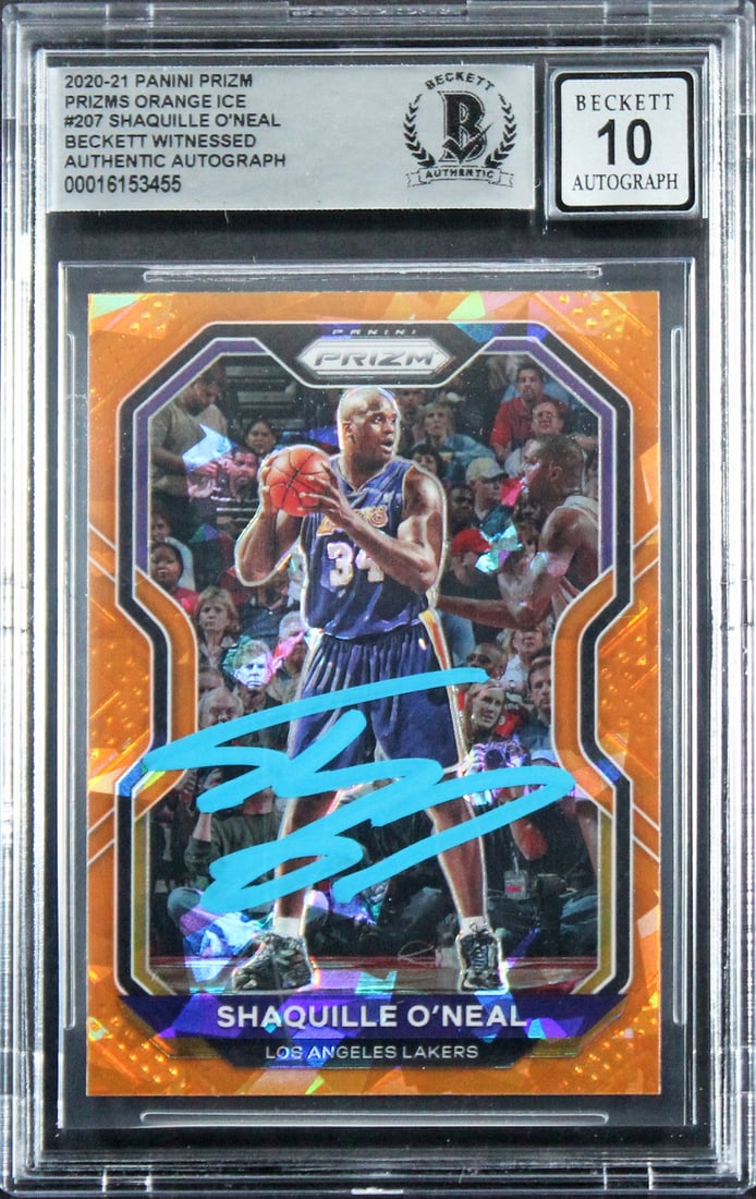 Shaquille O'Neal Autographed 2020 Orange Ice Prizm #207 Lakers Card Beckett 10: Shaquille O'Neal Autographed 2020 Orange Ice Prizm #207 Lakers Card Beckett 10 This 2020 Panini Prizm Orange Ice #207 trading card features Shaquille O'Neal of the Los Angeles Lakers. The card has bee