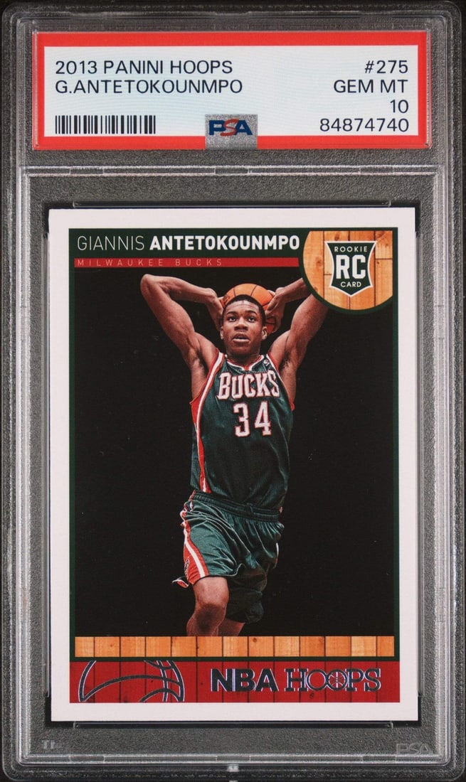 2013 Panini Hoops Giannis Antetokounmpo #275 RC PSA 10 Basketball Card: 2013 Panini Hoops Giannis Antetokounmpo #275 RC PSA 10 Basketball Card This is a graded 2013 Panini Hoops Giannis Antetokounmpo #275 rookie card, encapsulated and graded by Professional Sports Authent