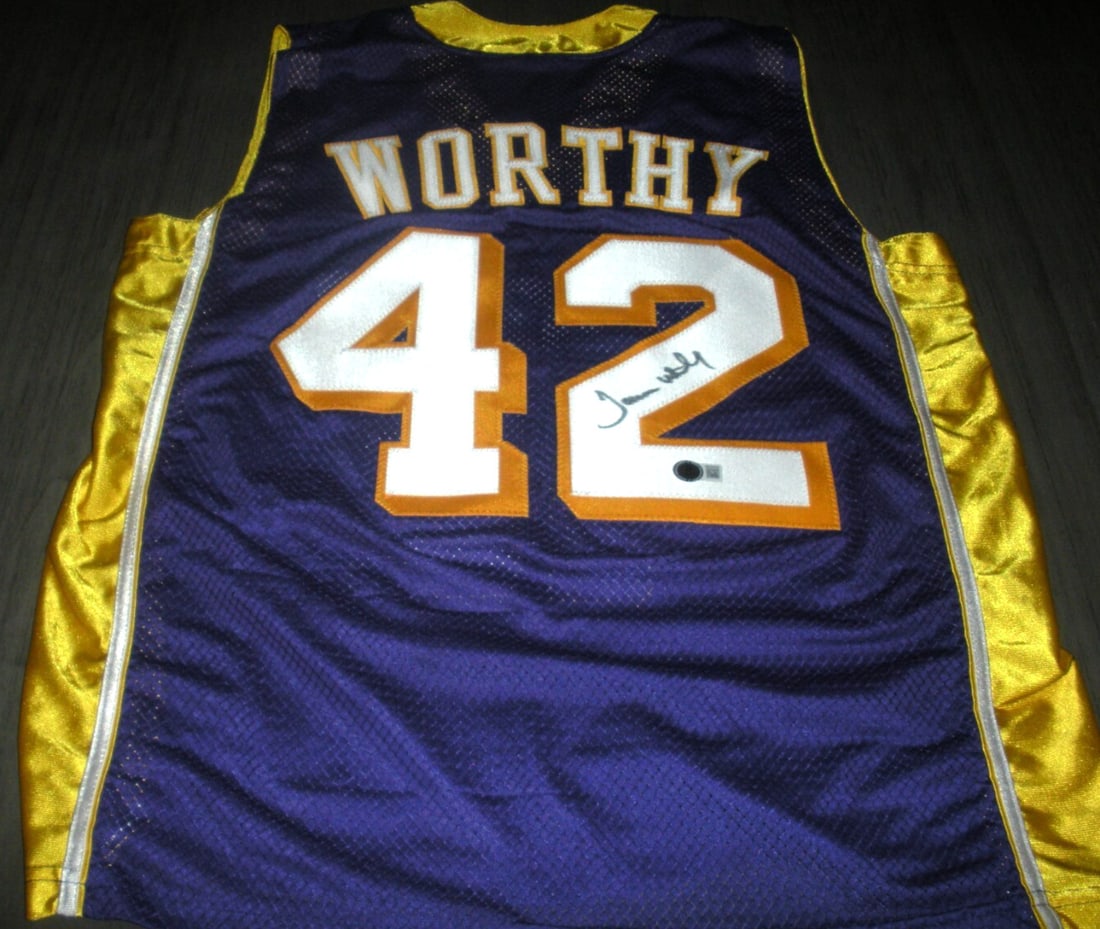 Official NBA Lakers Jersey Signed by James Worthy with Beckett COA: Official NBA Lakers Jersey Signed by James Worthy with Beckett COA This is an official licensed Champion jersey signed by James Worthy of the Los Angeles Lakers. The jersey is accompanied by Beckett a
