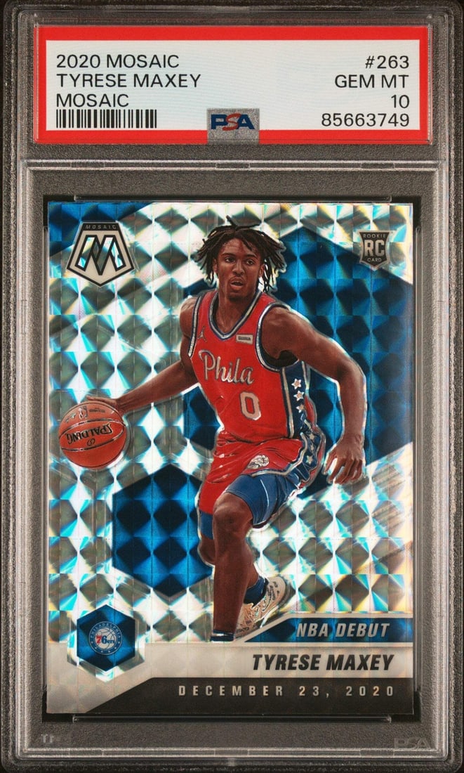 2020 Panini Mosaic Tyrese Maxey #263 RC Basketball Card PSA 10: 2020 Panini Mosaic Tyrese Maxey #263 RC Basketball Card PSA 10 This is a graded 2020 Panini Mosaic Tyrese Maxey #263 Mosaic RC Basketball Card, rated PSA 10. The card features Tyrese Maxey, a player f
