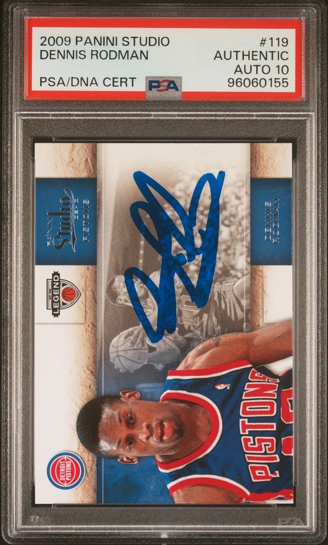 2009 Panini Studio #119 Dennis Rodman Signed Card PSA/DNA Authenticated: 2009 Panini Studio #119 Dennis Rodman Signed Card PSA/DNA Authenticated This is a 2009 Panini Studio #119 trading card signed by basketball icon Dennis Rodman. The autograph has been authenticated by 