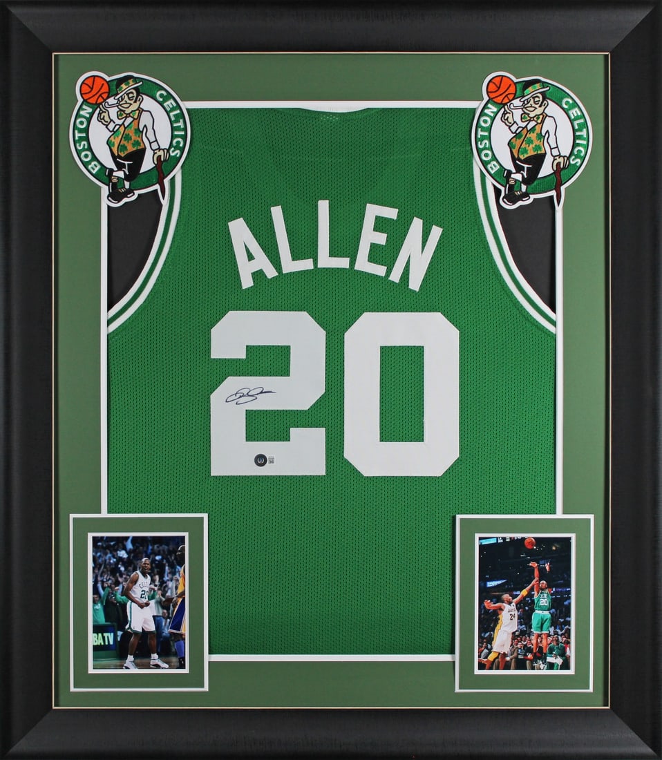 Ray Allen Signed Boston Celtics Framed Jersey BAS Authenticated: Ray Allen Signed Boston Celtics Framed Jersey BAS Authenticated This authentic green pro style framed jersey has been personally signed by Ray Allen, a legendary player for the Boston Celtics. It feat