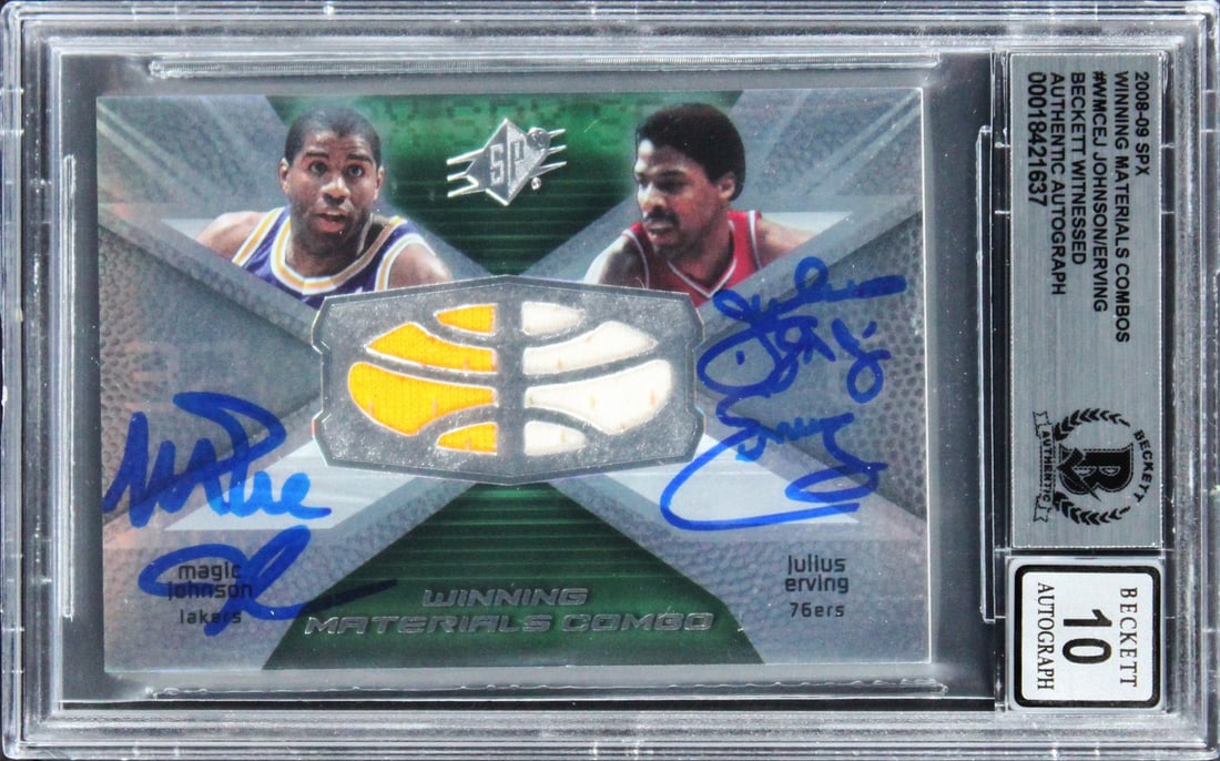2008 SPX Winning Materials Combos Magic Johnson Julius Erving Auto BAS 10: 2008 SPX Winning Materials Combos Magic Johnson Julius Erving Auto BAS 10 This is an original 2008 SPX Winning Materials Combos #WMCEJ basketball card, personally signed by Magic Johnson and Julius Er
