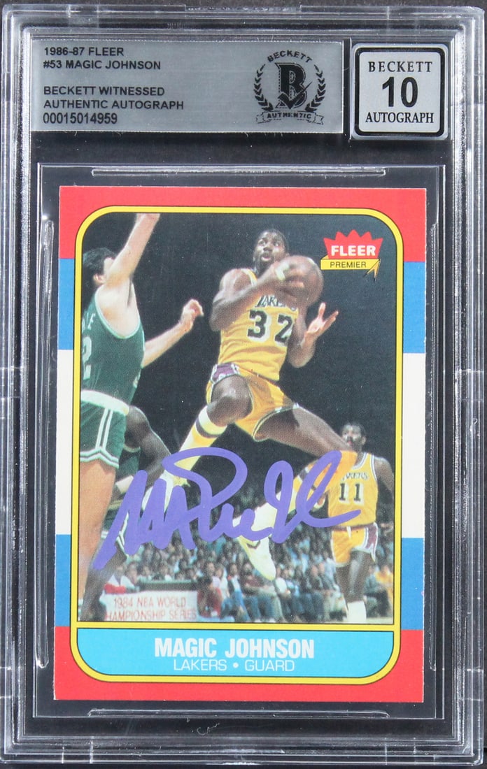 Magic Johnson 1986 Fleer 53 Signed Card Auto 10 Beckett Slabbed: Magic Johnson 1986 Fleer 53 Signed Card Auto 10 Beckett Slabbed This 1986 Fleer #53 basketball card features the Los Angeles Lakers' Magic Johnson and has been personally signed by him. The autograph 