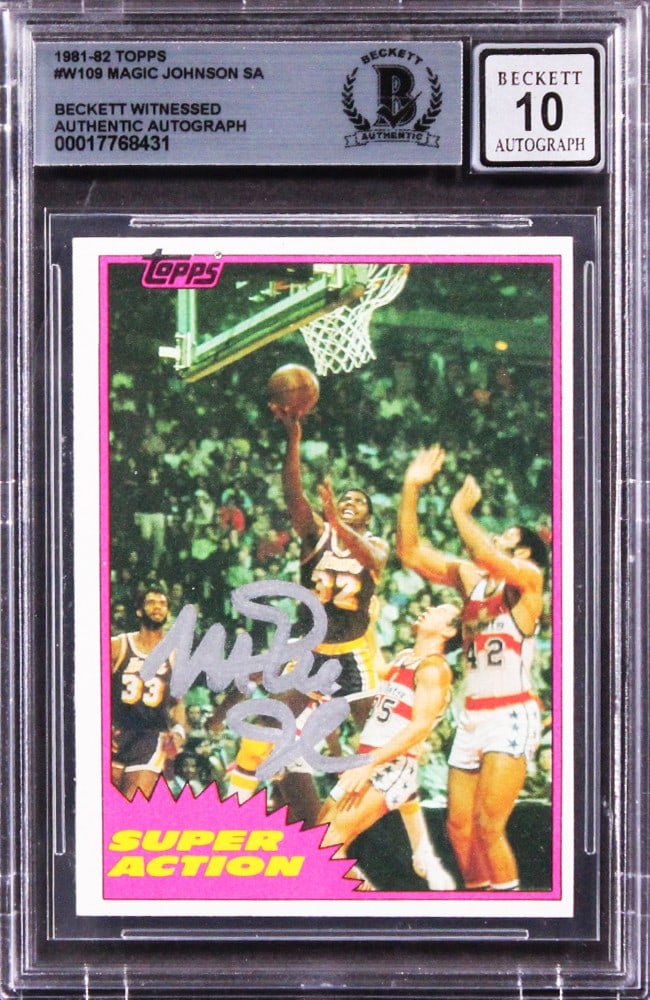 Magic Johnson Signed 1981 Topps #W109 Gem Mint 10 Beckett Slabbed Card: Magic Johnson Signed 1981 Topps #W109 Gem Mint 10 Beckett Slabbed Card Celebrate basketball history with this autographed 1981 Topps #W109 SA card featuring Magic Johnson, a legendary player for the L
