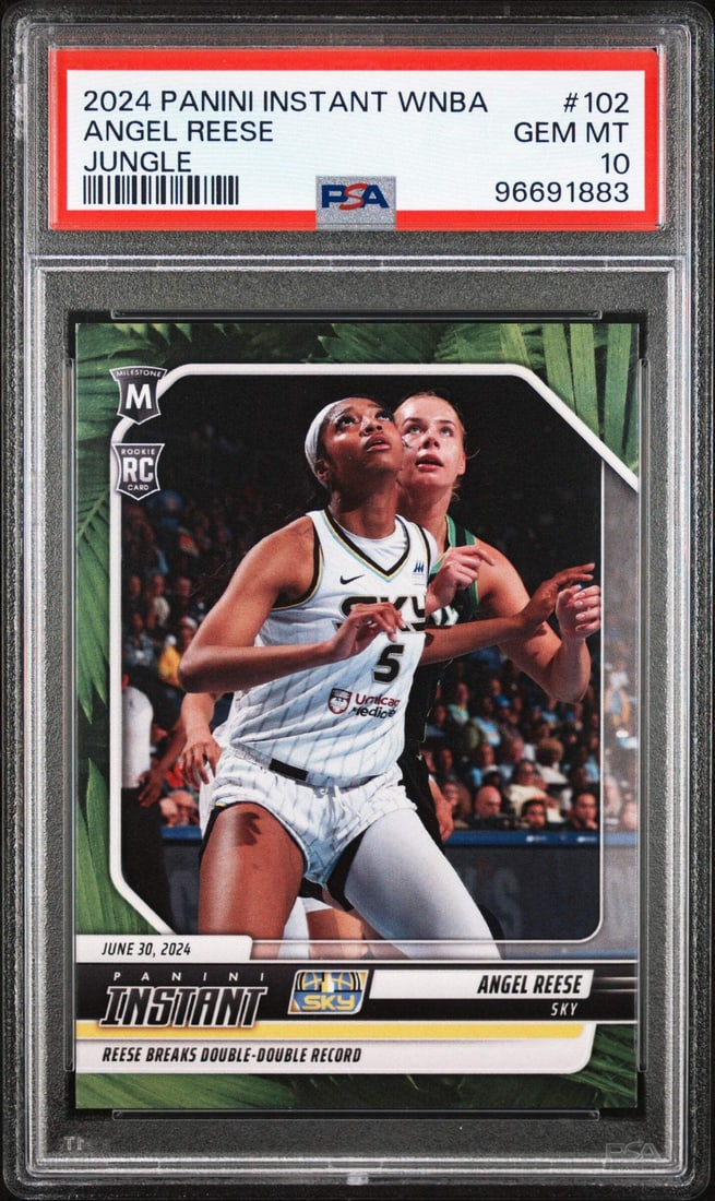 2024 Panini Instant Angel Reese #102 Jungle /25 RC Graded PSA 10 Basketball Card: 2024 Panini Instant Angel Reese #102 Jungle /25 RC Graded PSA 10 Basketball Card This rare 2024 Panini Instant Angel Reese #102 Jungle /25 RC Basketball Card is graded PSA 10, ensuring its top-notch q
