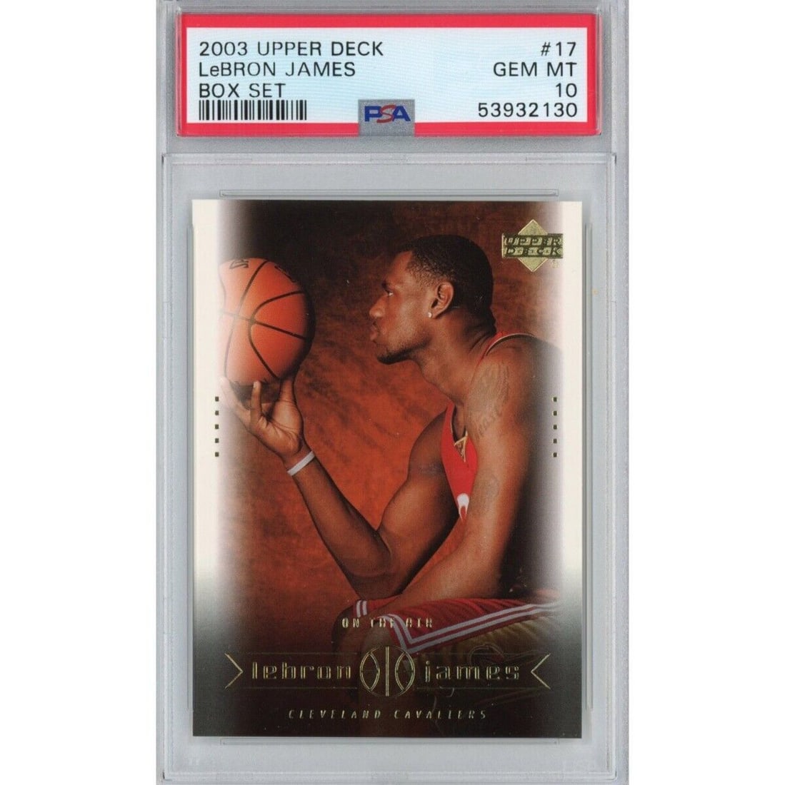 2003 Upper Deck LeBron James #17 Rookie Basketball Card PSA 10: 2003 Upper Deck LeBron James #17 Rookie Basketball Card PSA 10 This is a graded 2003-04 Upper Deck LeBron James #17 Box Set Rookie Basketball Card, certified by Professional Sports Authenticator (PSA)