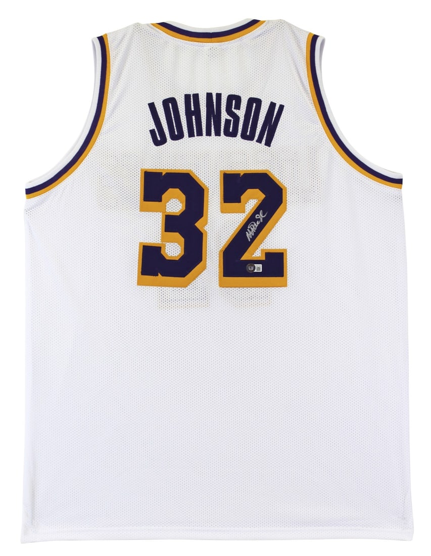 Magic Johnson Signed Lakers White X-Large BAS Witnessed Jersey (1 of 7)