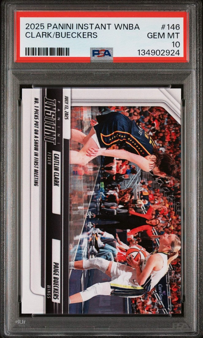 PSA 10 Gem Mint Panini Instant 2025 Clark Bueckers Basketball Card #146: PSA 10 Gem Mint Panini Instant 2025 Clark Bueckers Basketball Card #146 This is an original 2025 Panini Instant Clark/Bueckers #146 basketball card featuring Caitlin Clark and Paige Bueckers. The card