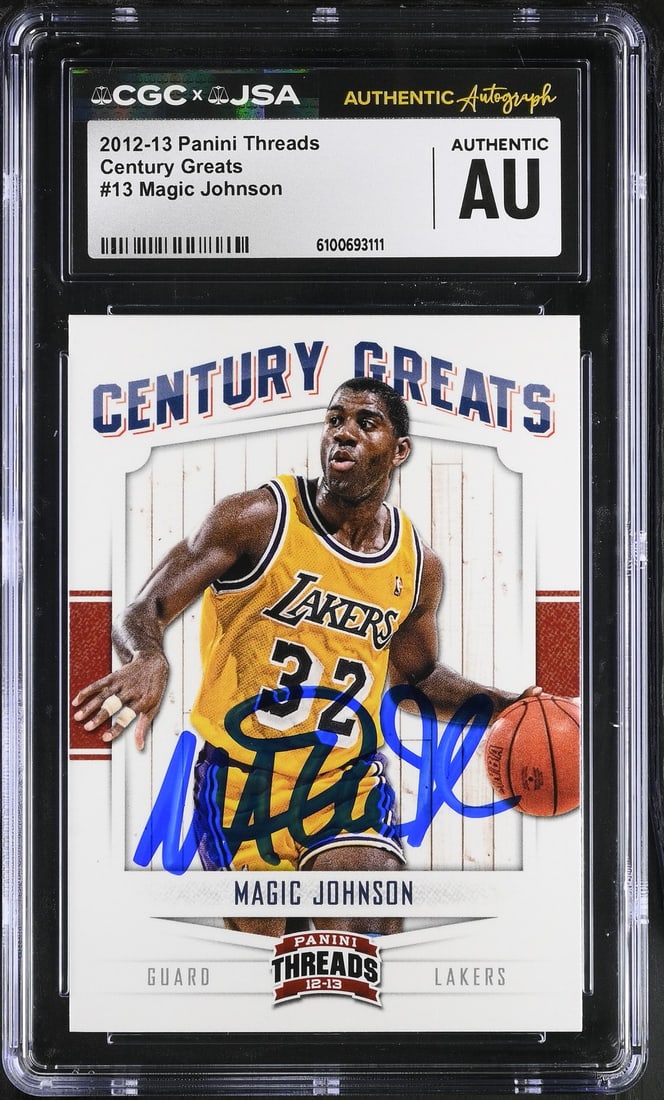 2012-13 Panini Threads Basketball Card 13 Magic Johnson Signed CGC JSA Authenticated: 2012-13 Panini Threads Basketball Card 13 Magic Johnson Signed CGC JSA Authenticated This is an original 2012-13 Panini Threads basketball card featuring Magic Johnson. The card is signed/autographed 