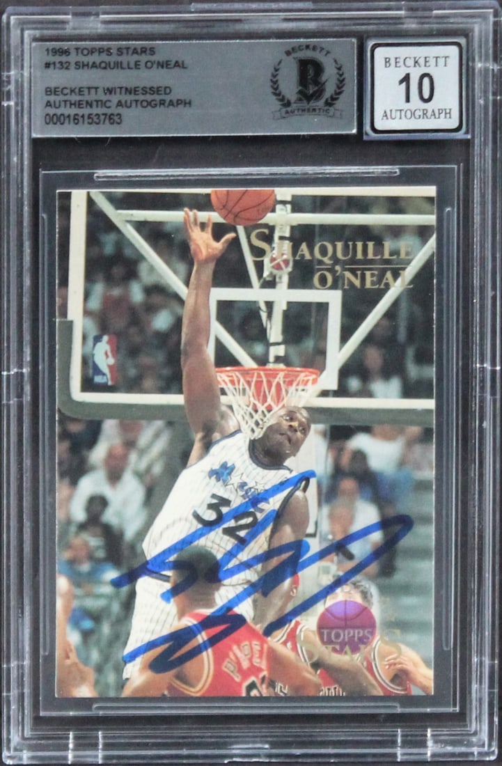 Shaquille O'Neal Signed 1996 Topps Stars Gem Mint 10 BAS Authenticated Card: Shaquille O'Neal Signed 1996 Topps Stars Gem Mint 10 BAS Authenticated Card This 1996 Topps Stars Basketball card features a gem mint autograph from NBA legend Shaquille O'Neal, who played for the Orl