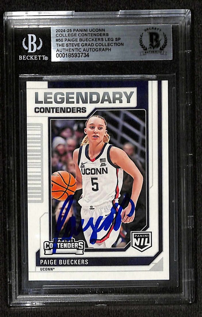 Paige Bueckers Signed 2024-25 Panini Legendary Contenders Card Beckett Authenticated: Paige Bueckers Signed 2024-25 Panini Legendary Contenders Card Beckett Authenticated This is a signed 2024-25 Panini UConn College Contenders Legendary Contenders SP #50 trading card of basketball sta