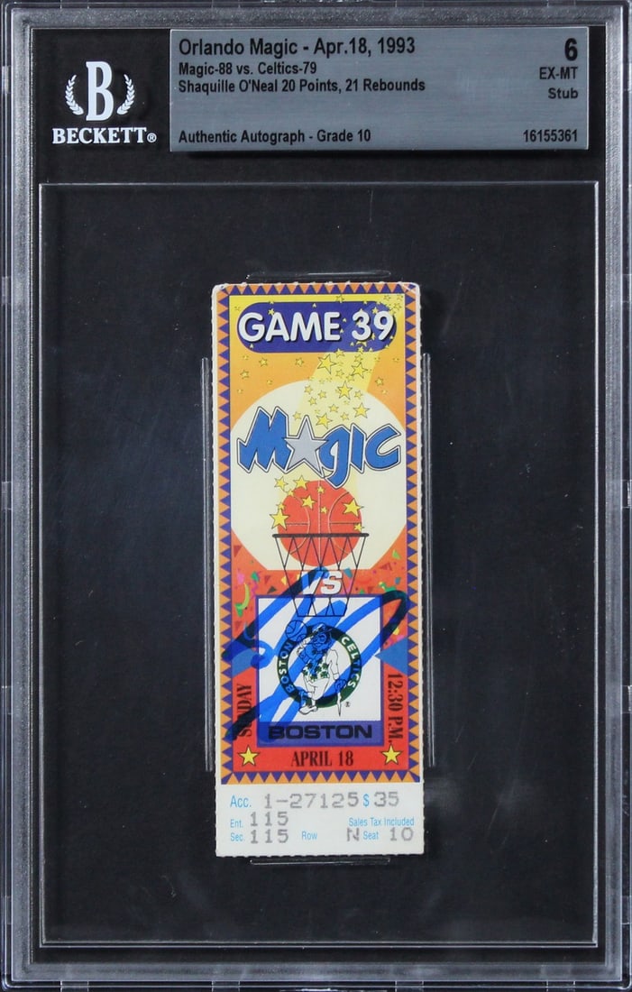 Shaquille O'Neal Signed 1993 Magic Vs Celtics Ticket Gem Mint 10 Beckett: Shaquille O'Neal Signed 1993 Magic Vs Celtics Ticket Gem Mint 10 Beckett Celebrate the legacy of basketball with this autographed ticket stub from the iconic April 18, 1993 game between the Orlando Ma