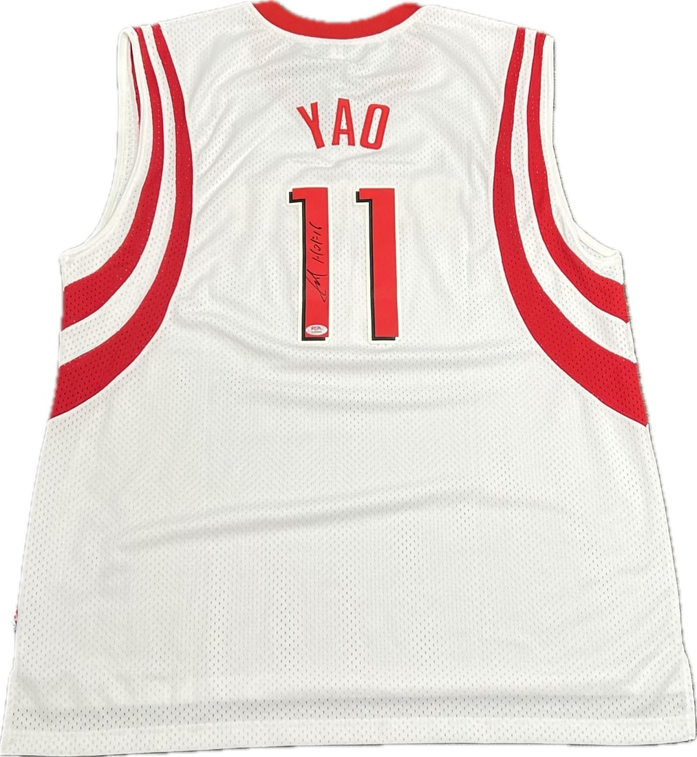 Yao Ming Autographed Houston Rockets Stitched Jersey PSA/DNA Certified: Yao Ming Autographed Houston Rockets Stitched Jersey PSA/DNA Certified This original Yao Ming signed jersey features high-quality stitching and is a must-have for any basketball enthusiast. The jersey