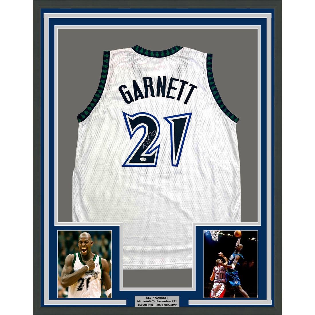 Kevin Garnett signed Minnesota Timberwolves framed white jersey Beckett COA 35x39: Kevin Garnett signed Minnesota Timberwolves framed white jersey Beckett COA 35x39 This professionally framed and matted display features a Minnesota Timberwolves white jersey autographed by Kevin Garn