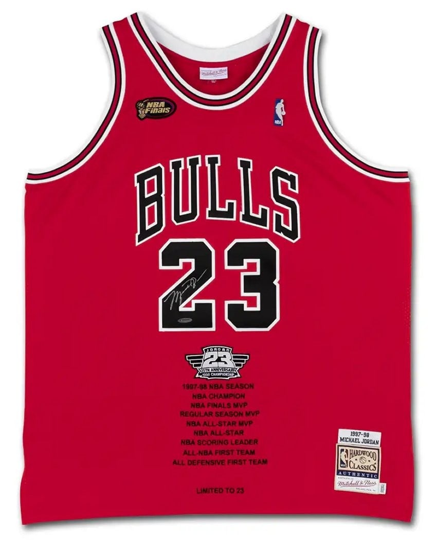 Michael Jordan Autographed Bulls Jersey 25th Anniversary Limited Edition /23: Michael Jordan Autographed Bulls Jersey 25th Anniversary Limited Edition /23 Celebrate the legacy of Michael Jordan with this original, autographed Mitchell & Ness jersey from the 1998 NBA Finals, fea