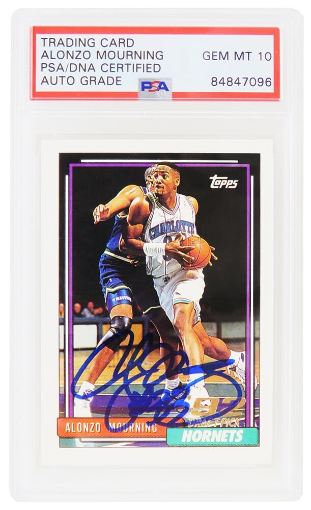 Alonzo Mourning Signed 1992-93 Topps Rookie Card #393 PSA Auto 10: Alonzo Mourning Signed 1992-93 Topps Rookie Card #393 PSA Auto 10 This is a signed Alonzo Mourning rookie basketball card from the 1992-93 Topps series, featuring card #393. The card has been authenti