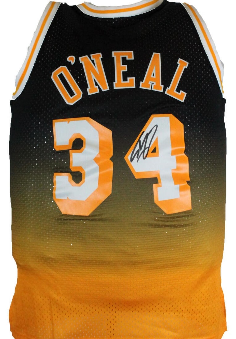 Shaquille O Neal Lakers Signed Swingman Jersey BAS Hologram: Shaquille O Neal Lakers Signed Swingman Jersey BAS Hologram This is a Los Angeles Lakers Mitchell & Ness Hardwood Classics Swingman jersey featuring a fadeaway design, signed by Shaquille O'Neal. The 